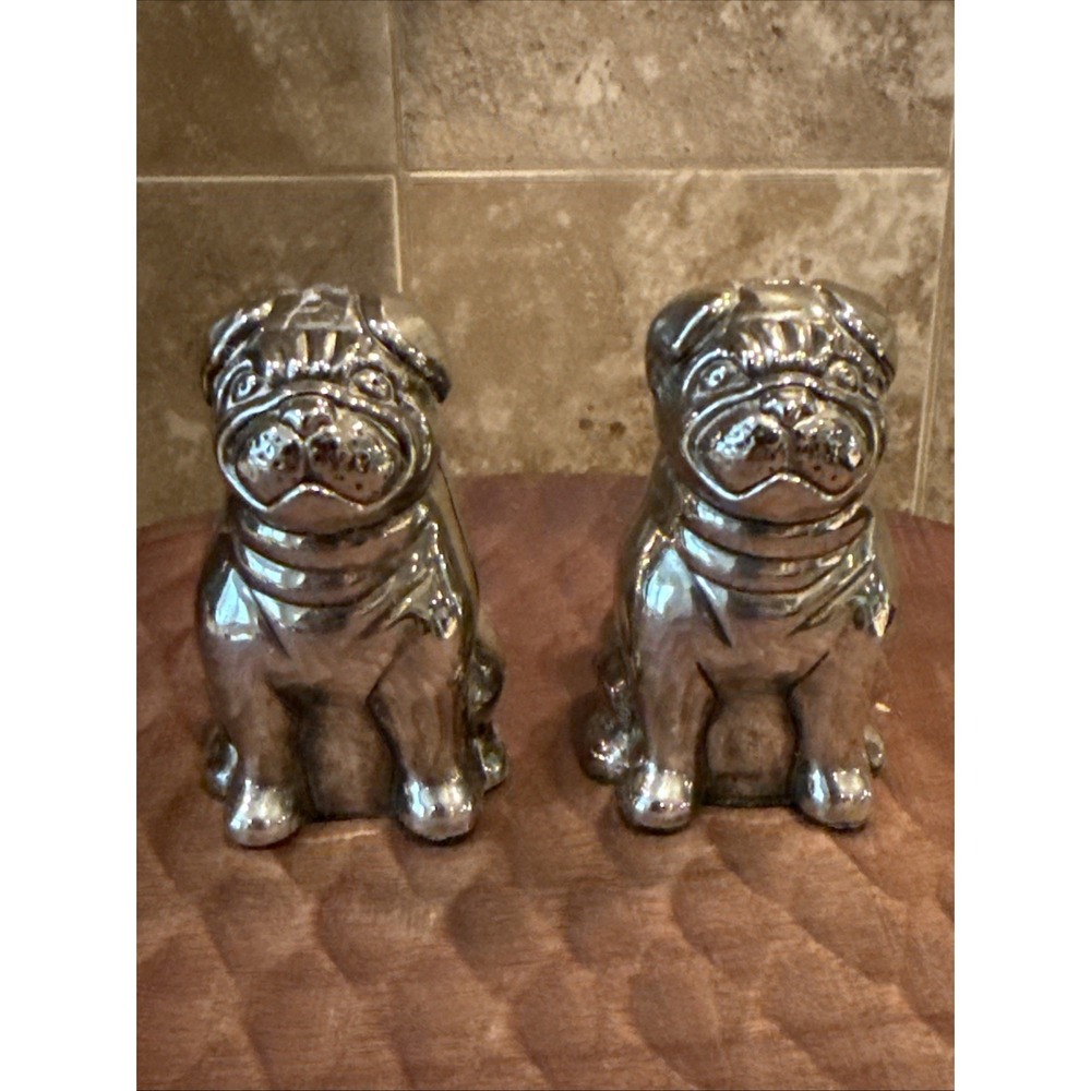 Pug Salt & Pepper Shakers Vintage Dog Godinger Silver Plate With Nickel CUTE!